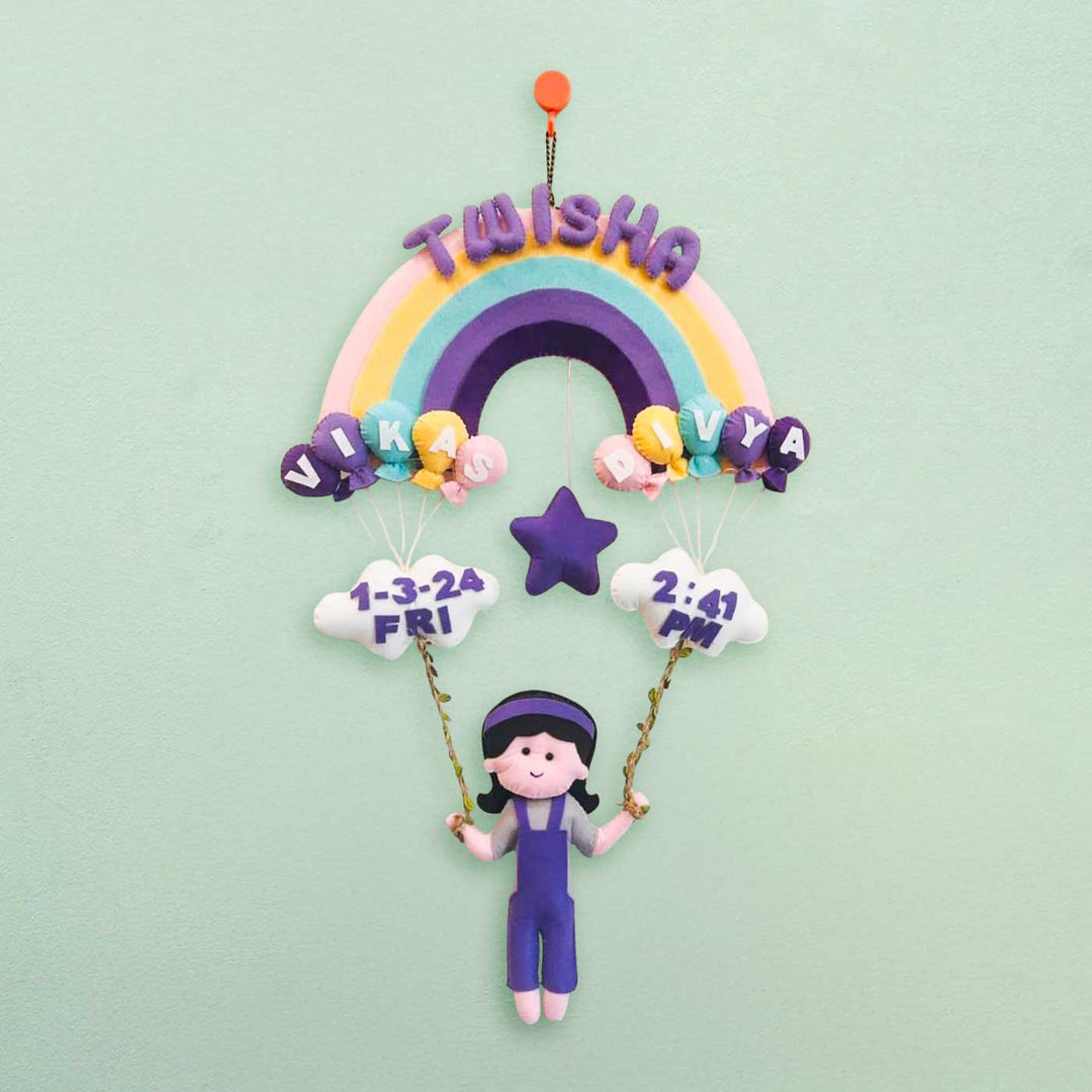 Personalized Rainbow Theme Felt Kids Name Plate With Birth Details