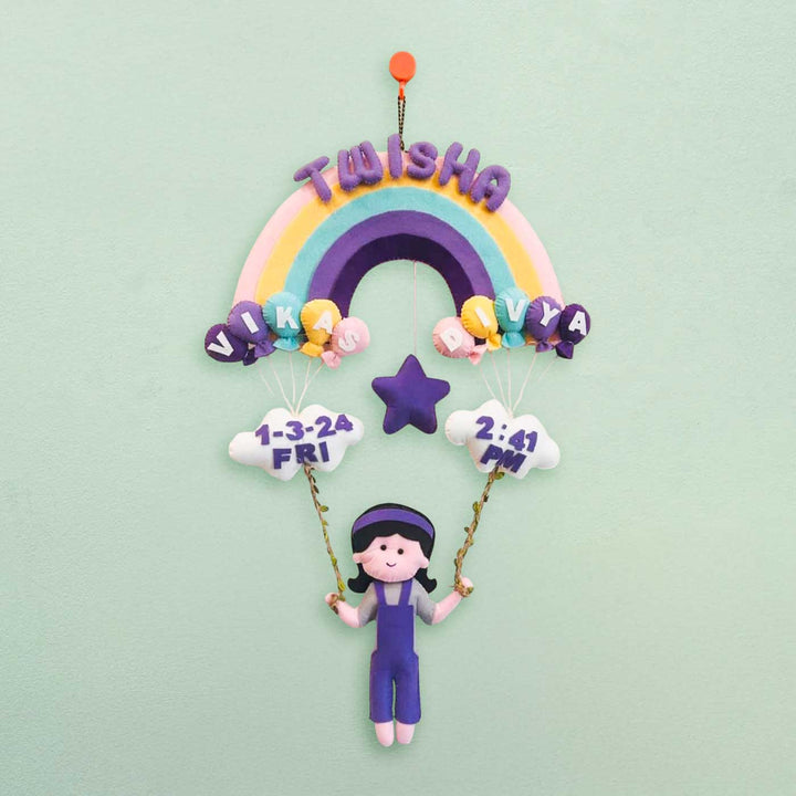 Personalized Rainbow Theme Felt Kids Name Plate With Birth Details