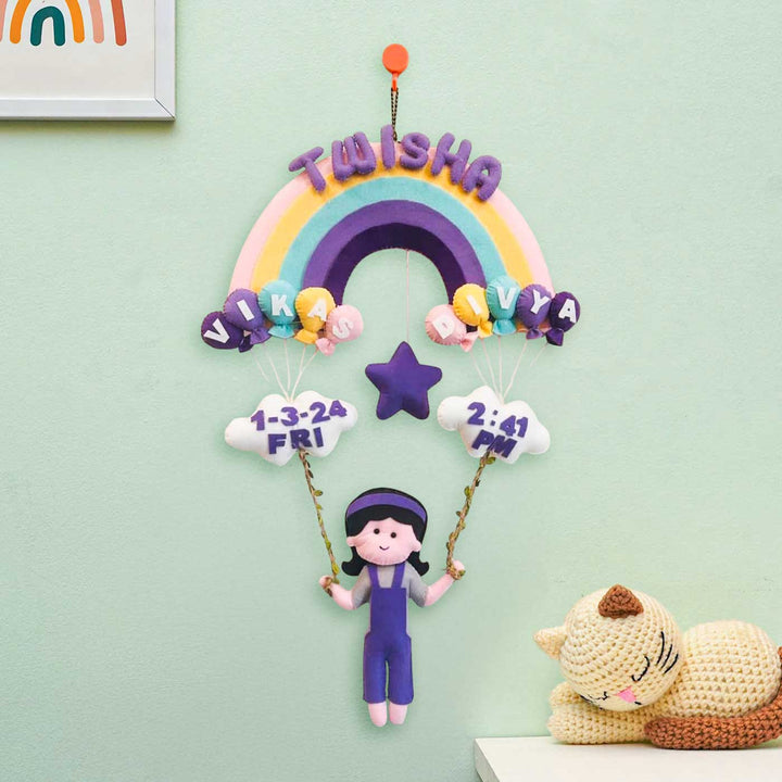 Personalized Rainbow Theme Felt Kids Name Plate With Birth Details