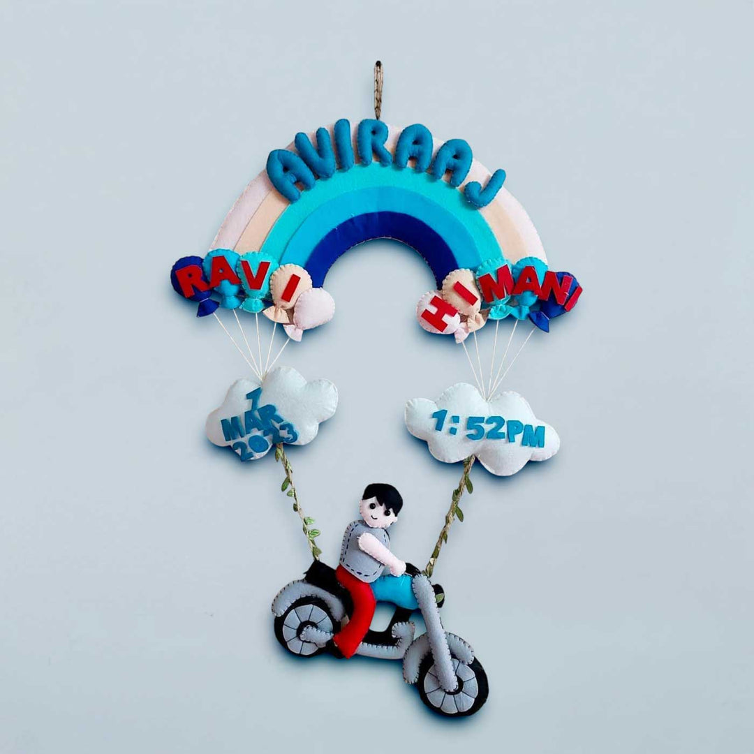 Personalized Bike Theme Felt Kids Name Plate With Birth Details