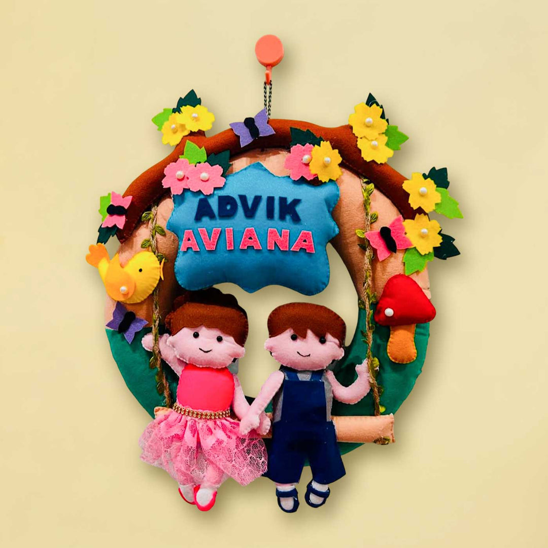 Personalized Garden Swing Theme Felt Kids Name Plate For Siblings