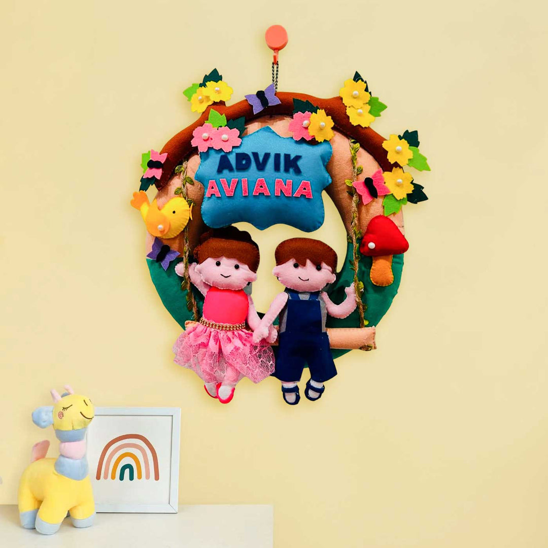 Personalized Garden Swing Theme Felt Kids Name Plate For Siblings