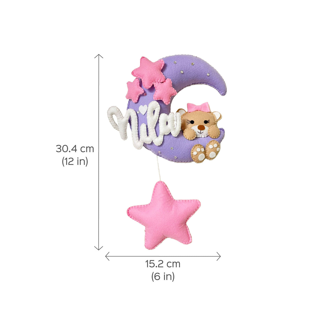 Handmade Unicorn On The Moon Kids Felt Name Hanging 1 With Birthdate - Dimension Chart with Front View