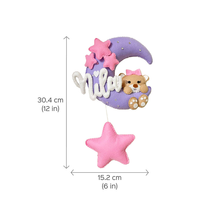 Handmade Unicorn On The Moon Kids Felt Name Hanging 1 With Birthdate - Dimension Chart with Front View