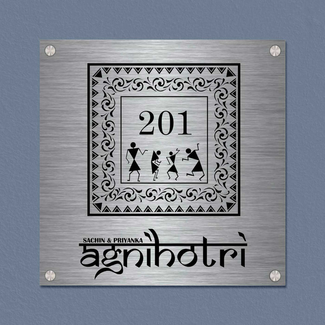 Personalized Warli Art Stainless Steel Name Plate