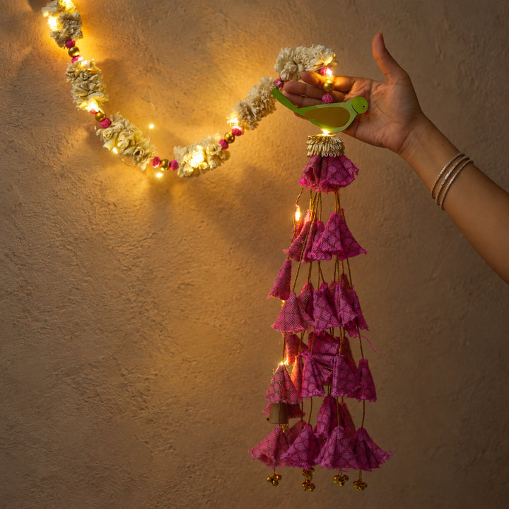 6 Pc | Handmade Parandi Bird Jute Wall Hanging Strings in Different Lengths With LED Lights & Shola Accents