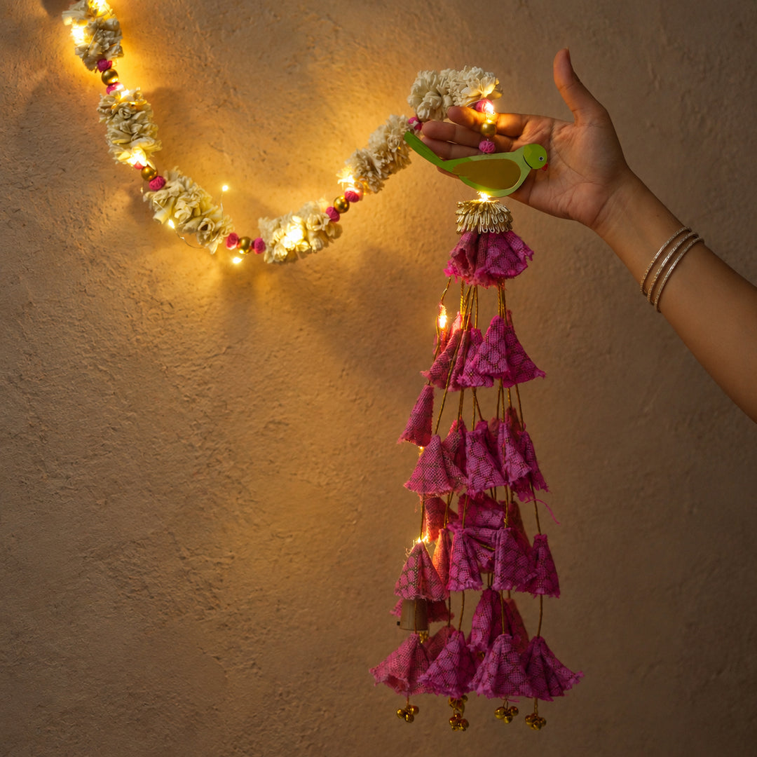 2 Pc | Handmade Parandi Parrot Jute Wall Hanging Strings With LED Lights & Shola Accents