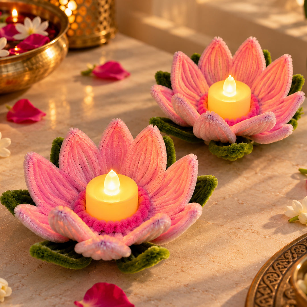 Set of 2 | Handcrafted Pink Lotus Pipe Cleaner LED Tealight Holders