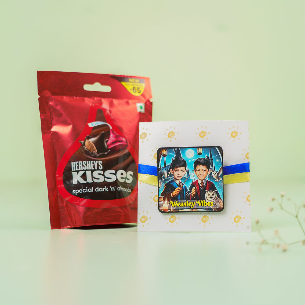 Photo Personalized Handmade Reusable Caricature Dimension Hoppers Mdf Wood Rakhi With Roli Chawal For Siblings - Product with Packaging Display