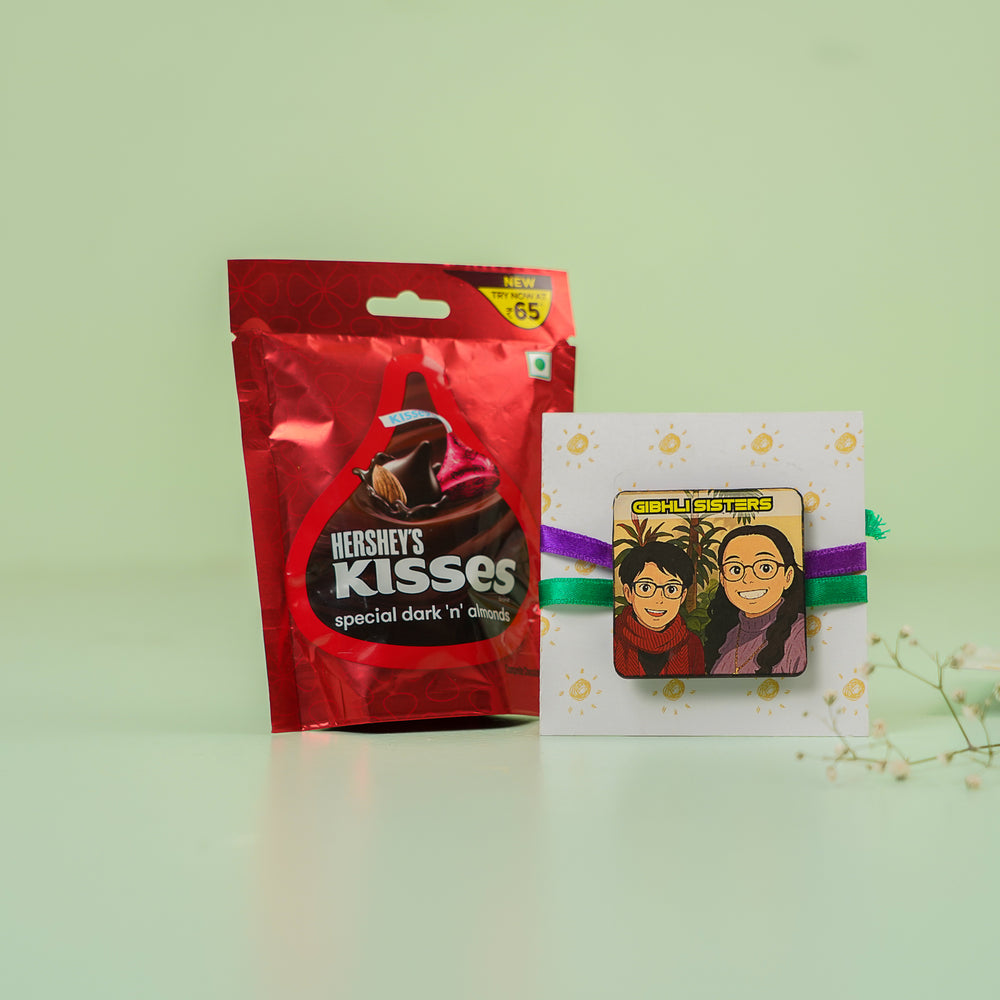 Photo Personalized Handmade Reusable Caricature Ghibli Sisters Ghibli Brother Sister Ghible Brother Duo Mdf Wood Rakhi With Roli Chawal For Siblings - Product and Gift Packaging Display