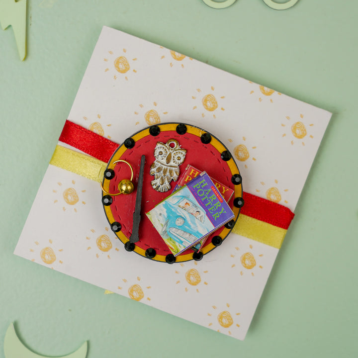 Handmade Harry Potter 3D Elements Mdf Wood Kids Rakhi With Roli Chawal - Front View Showing Full Product