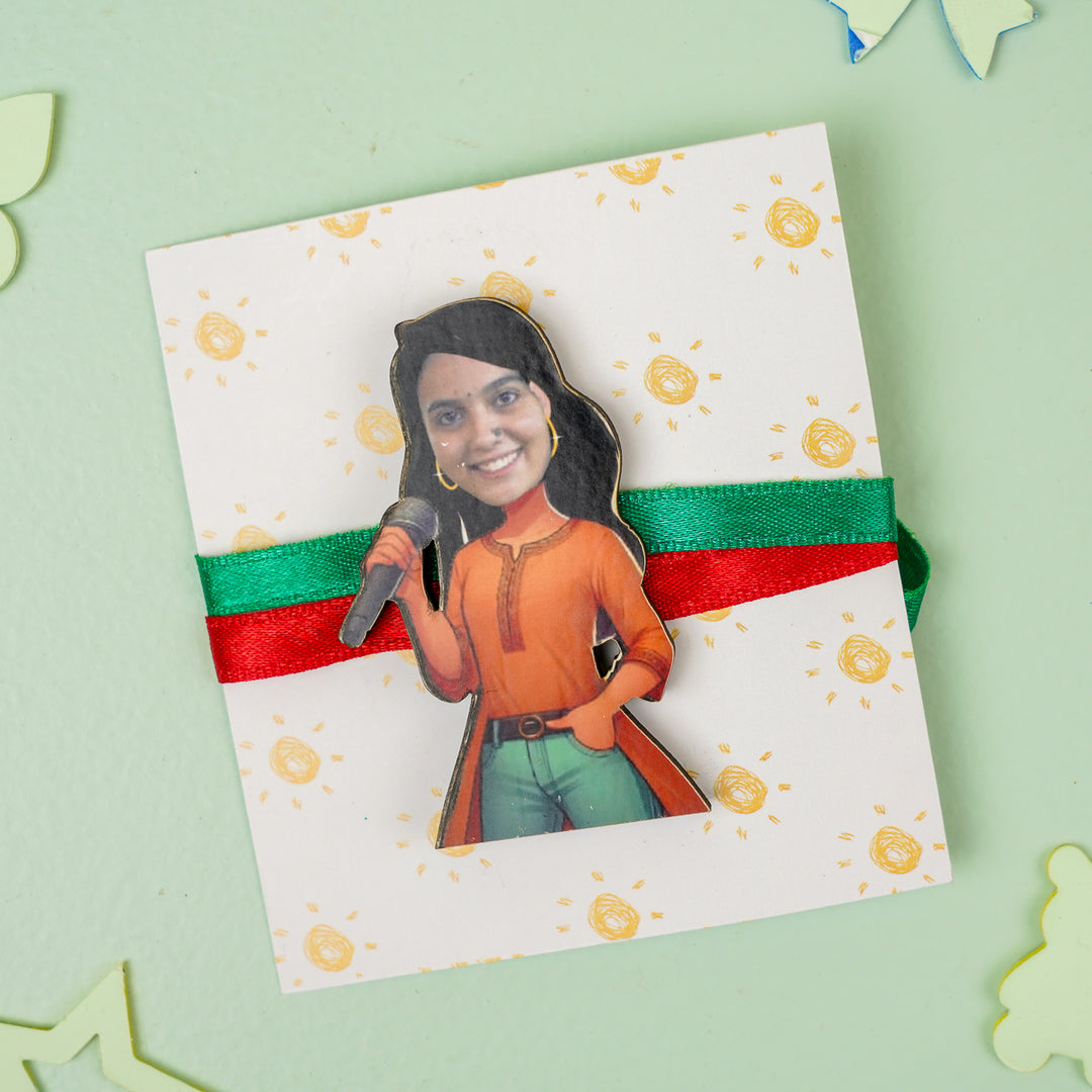 Photo Personalized Handmade Reusable Caricature Singing Star Mdf Wood Rakhi With Roli Chawal For Bhabhi - Pin Brooch on Gift Card