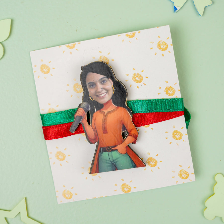 Photo Personalized Handmade Reusable Caricature Singing Star Mdf Wood Rakhi With Roli Chawal For Bhabhi - Pin Brooch on Gift Card