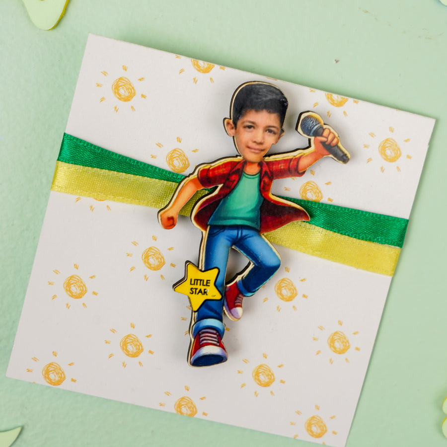 Photo Personalized Handmade Reusable Caricature Little Star Mdf Wood Kids Rakhi With Roli Chawal - Front View on Card