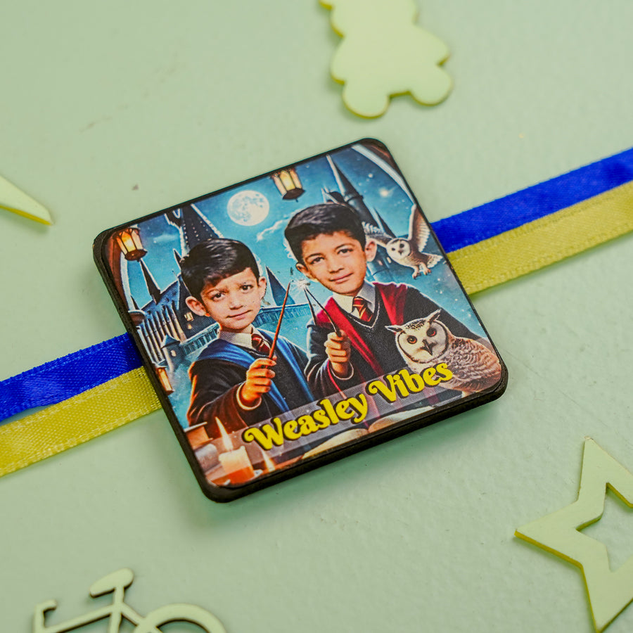 Photo Personalized Handmade Reusable Caricature Dimension Hoppers Mdf Wood Rakhi With Roli Chawal For Siblings - Close-up Front View
