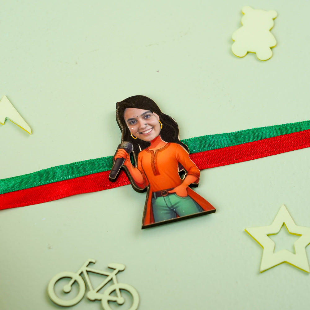 Photo Personalized Handmade Reusable Caricature Singing Star Mdf Wood Rakhi With Roli Chawal For Bhabhi - Pin Brooch with Ribbon Background