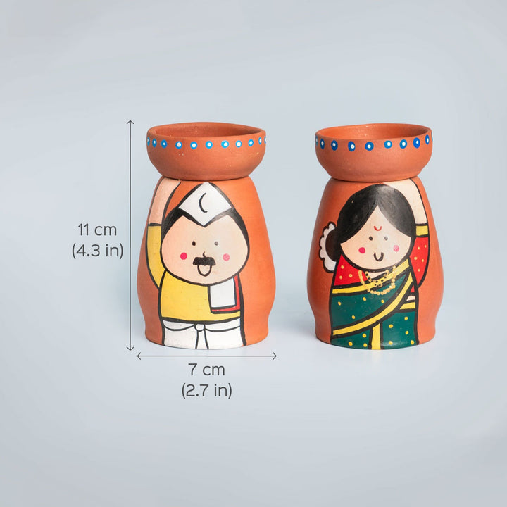 Handpainted Clay Tealight Holders with Marathi Couple | Set of 2