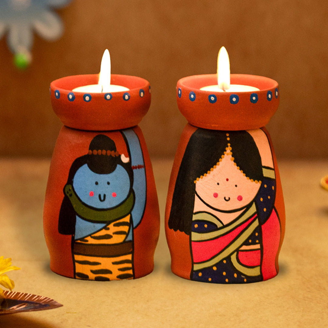 Handpainted Terracotta Tealight Holders with Shiva & Parvati | Set of 2