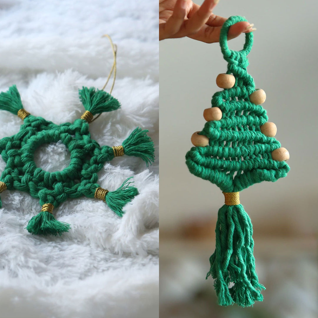 Handmade Green Macrame Ornaments For Christmas Tree Decoration | Set Of 2