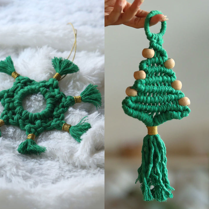 Handmade Green Macrame Ornaments For Christmas Tree Decoration | Set Of 2