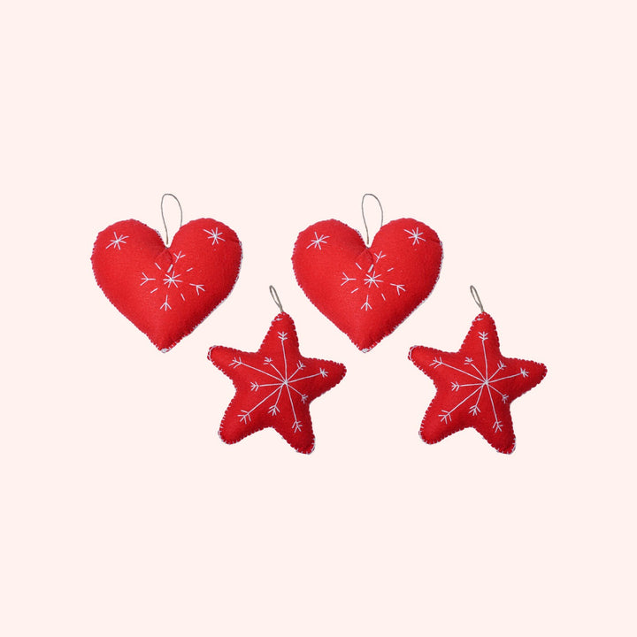 Handmade Heart & Star Embroidered Felt Ornaments For Christmas Tree Decoration | Set Of 4
