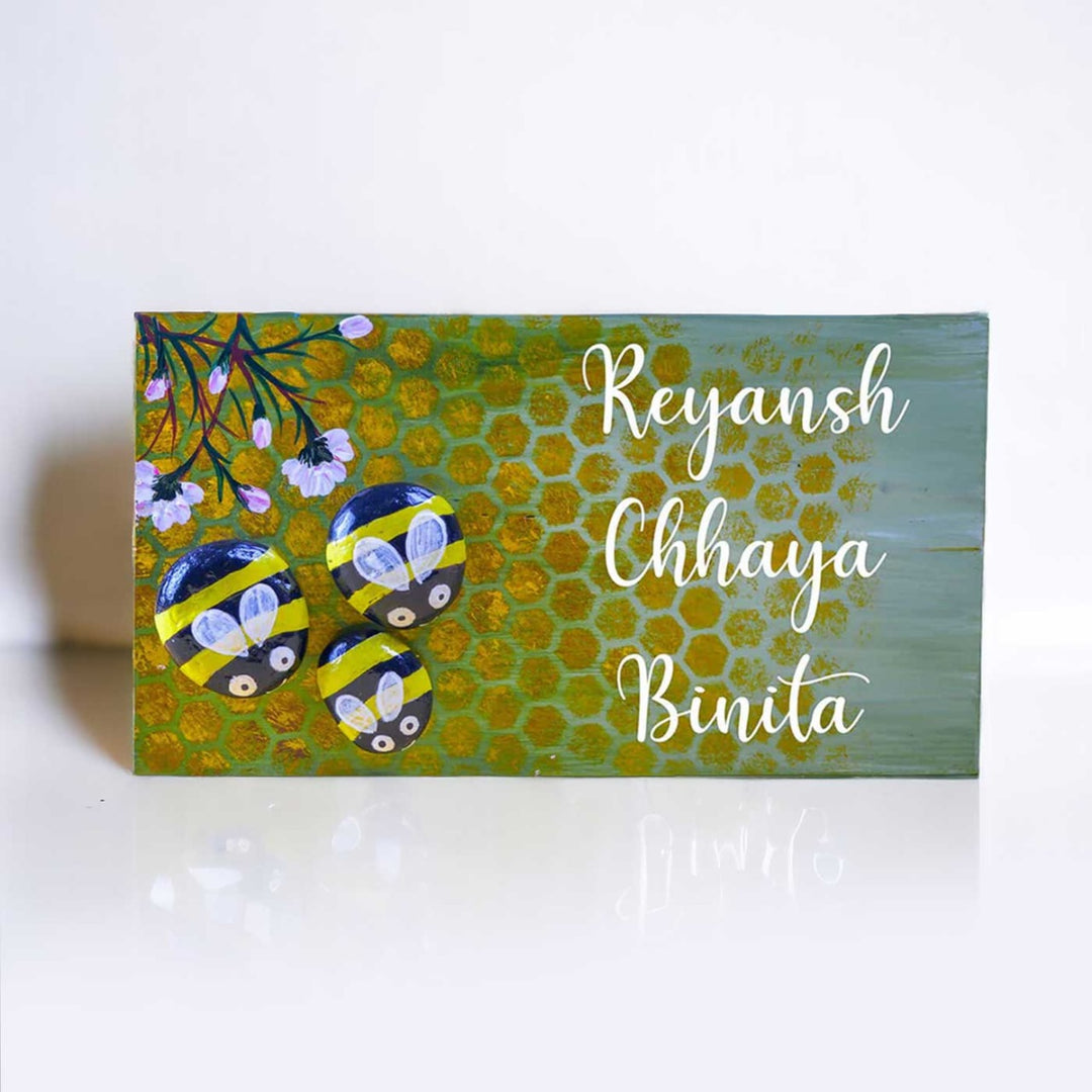 Hand Painted Pebble Name Plate Honey Bees - Front View with Name Personalization