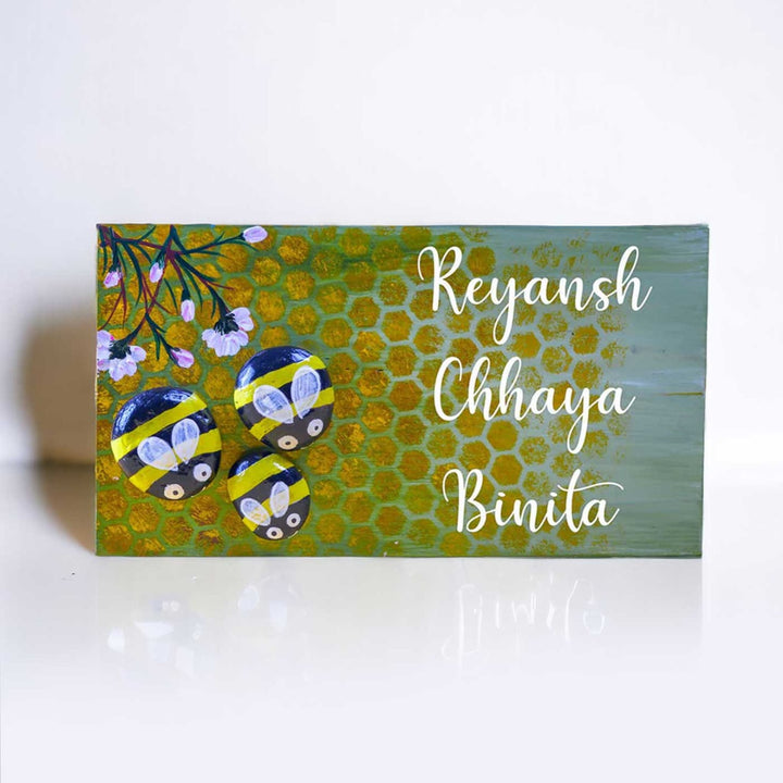 Hand Painted Pebble Name Plate Honey Bees - Front View with Name Personalization