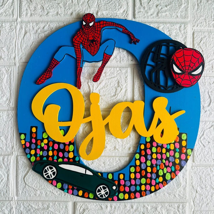 Hand Painted Personalised Kids Spiderman Themed Monogram Name Plate 1 - Mounted on White Brick Wall