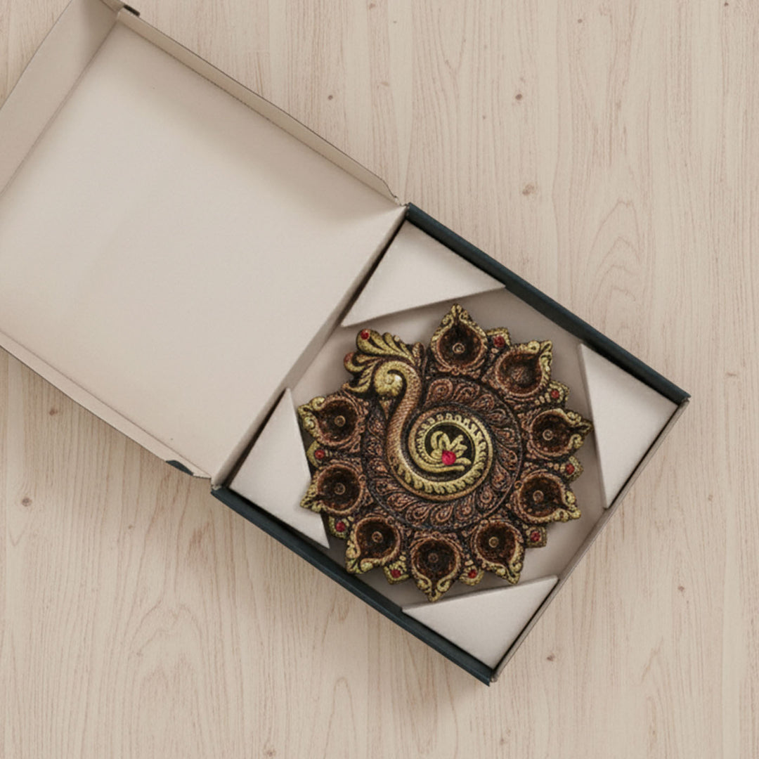 Handmade Peacock With 9 Terracotta Diya Platter | 9.5 inch