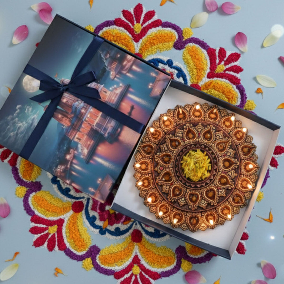 Handmade Large Decorative 31 Terracotta Diya & Urli Platter | 16 inch