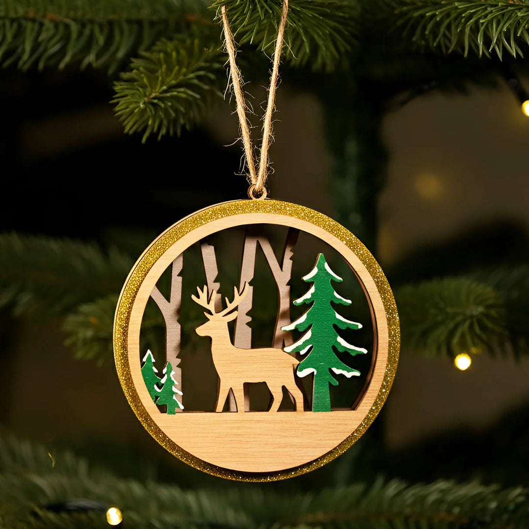Laser Cut Reindeer & Xmas Tree Wooden Ornament For Christmas Decoration