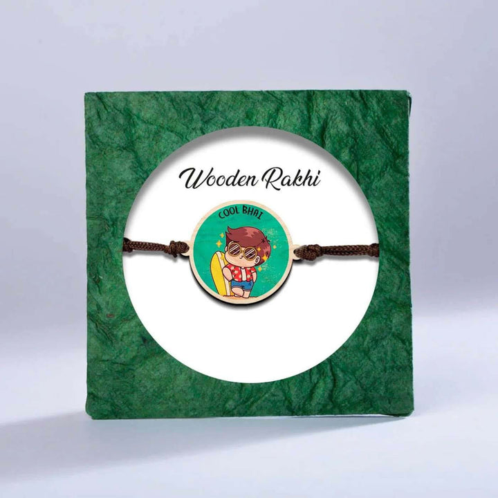 Handmade Cool Bhai Wooden Rakhi With Roli Chawal - In packaging display