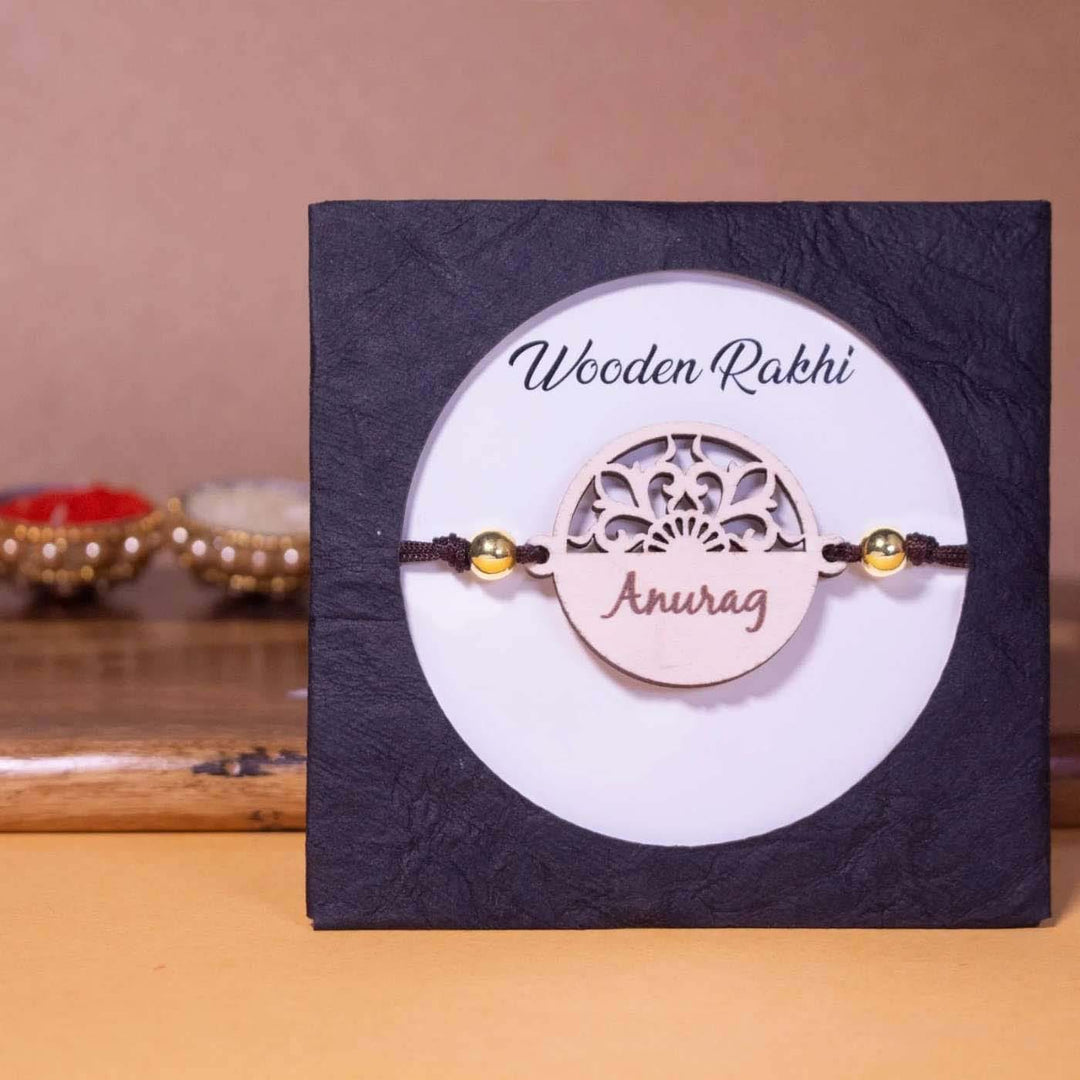 Personalized Handmade Elegant Wooden Rakhi With Roli Chawal - Packaged Rakhi Display