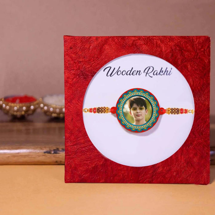 Photo Personalized Handmade Elegant Wooden Rakhi With Roli Chawal - Packaged Rakhi in Gift Box