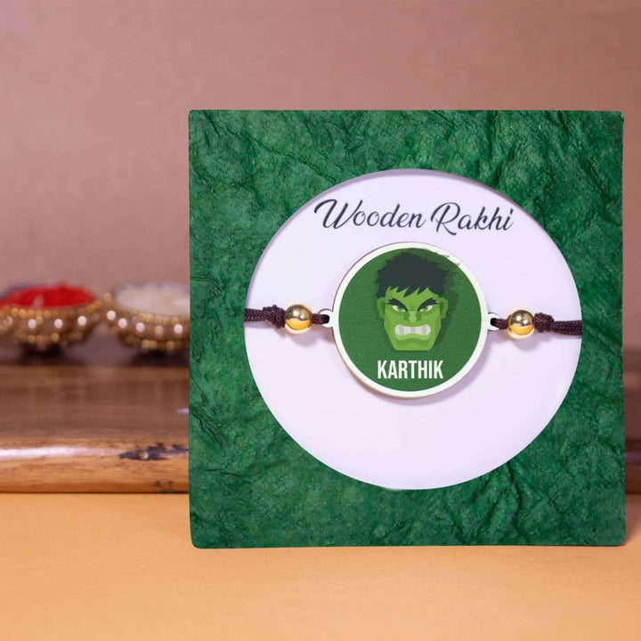 Personalized Handmade Hulk Wooden Kids Rakhi With Roli Chawal - In Packaging with Product Label