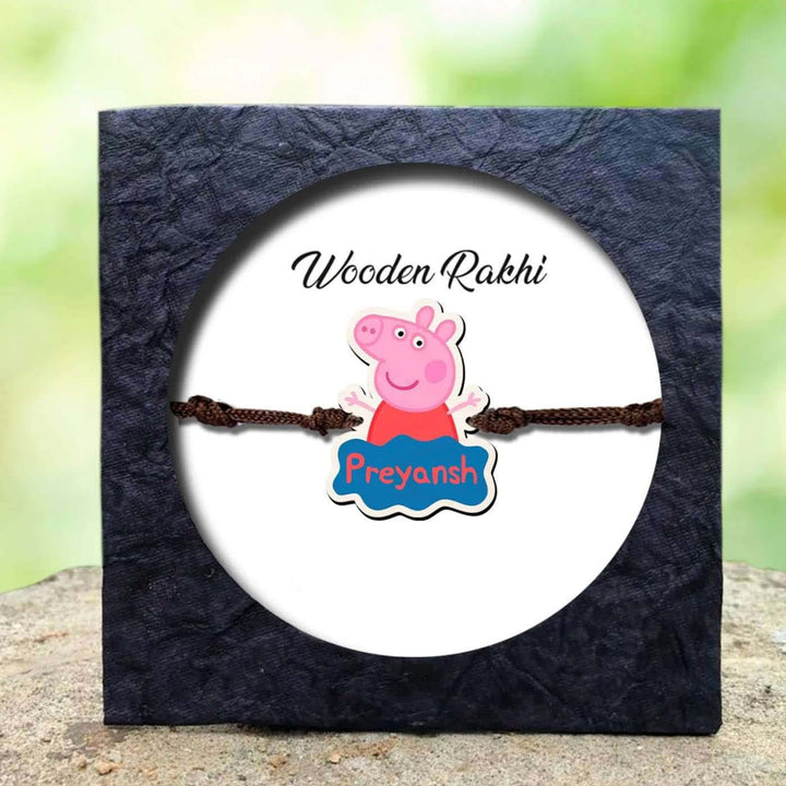 Personalized Handmade Peppa Pig Wooden Kids Rakhi With Roli Chawal - Packaged in Gift Box