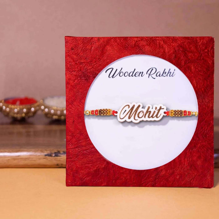 Personalized Handmade Engraved Name Wooden Rakhi With Roli Chawal - Packaged in Decorative Box