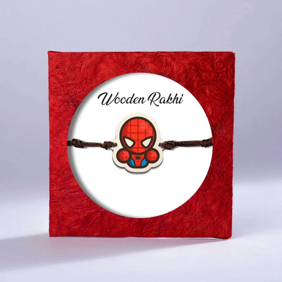 Handmade Spiderman Chibi Wooden Kids Rakhi With Roli Chawal - Packaged Gift Box View