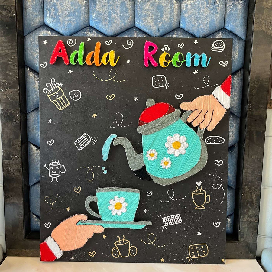 Personalized String Art Whimsical Threads Mdf Wood Name Plate For Couples - Front View with Hands and Accessories