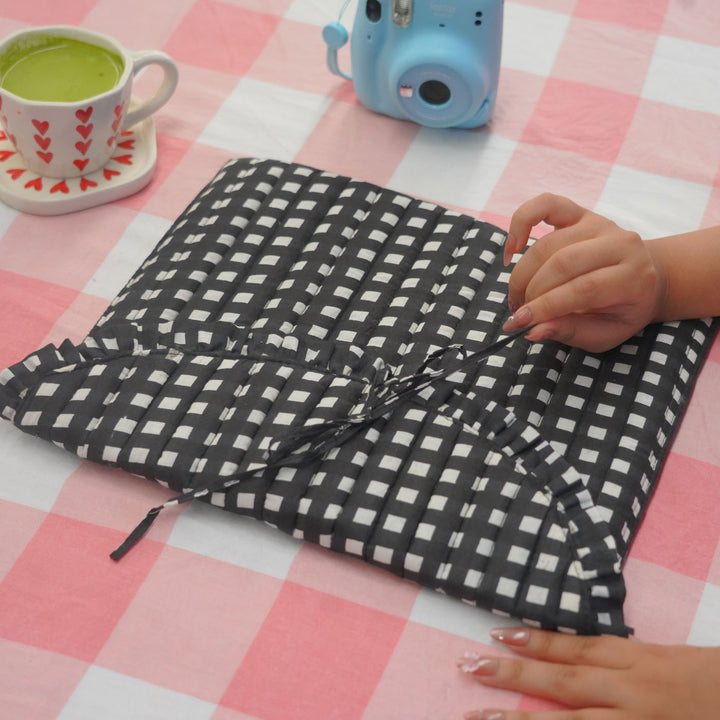 "Blaire" Laptop Sleeve With Ruffled Flap & Tie-up Closure For Women | Checks