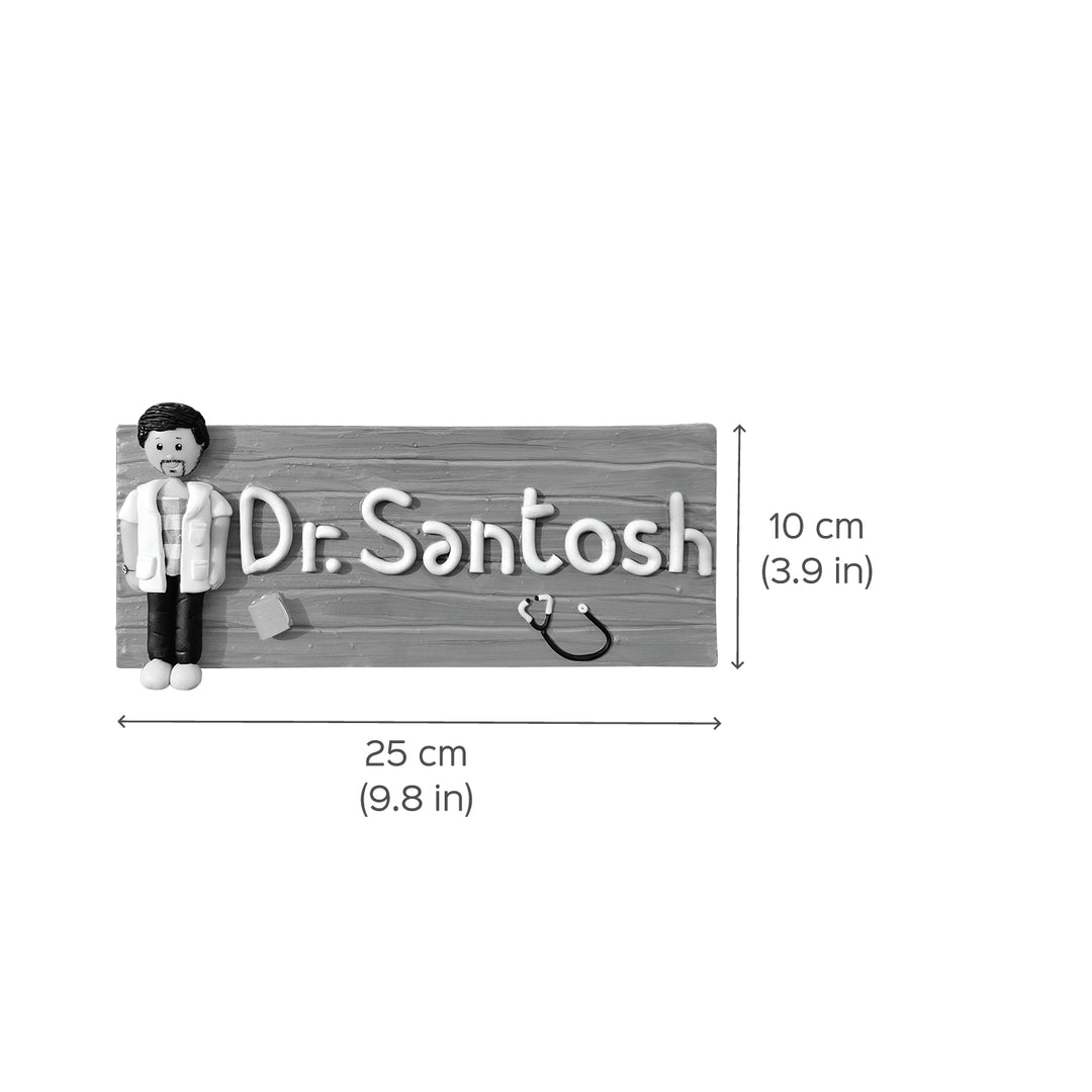 Handcrafted Personalized Clay Caricature Desk Name Plate For Doctors - Dimension Chart with Personalized Name