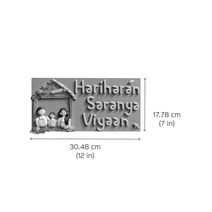 Handcrafted Personalized Clay Caricature Family Name Plate - Dimension Chart with Text and Figurines