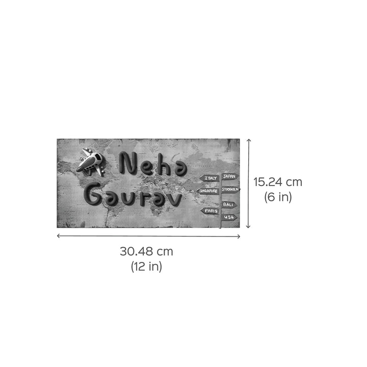 Handcrafted Personalized Clay Caricature Name Plate For Couples - Dimension Chart with Name Example
