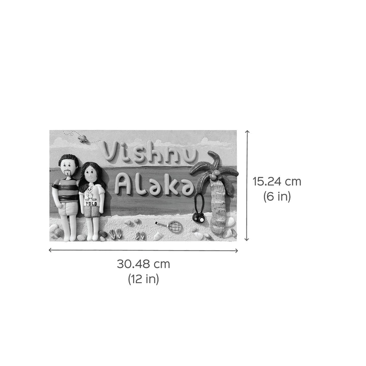 Handcrafted Personalized Clay Caricature Name Plate For Couples 1 - Dimension Chart with Name Personalization