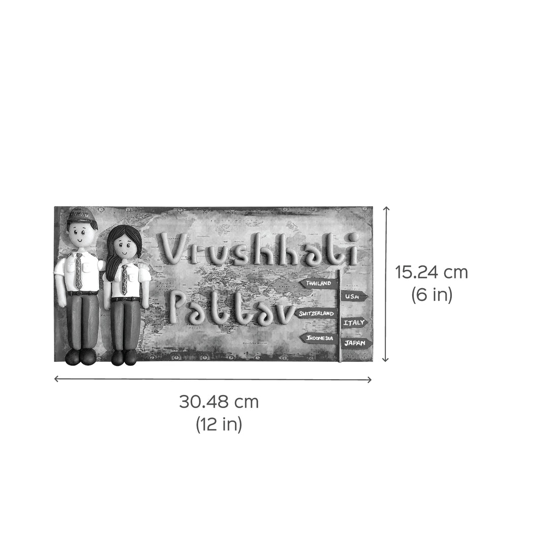 Handcrafted Personalized Clay Caricature Name Plate For Pilot Couples - Dimension Chart with Figurines
