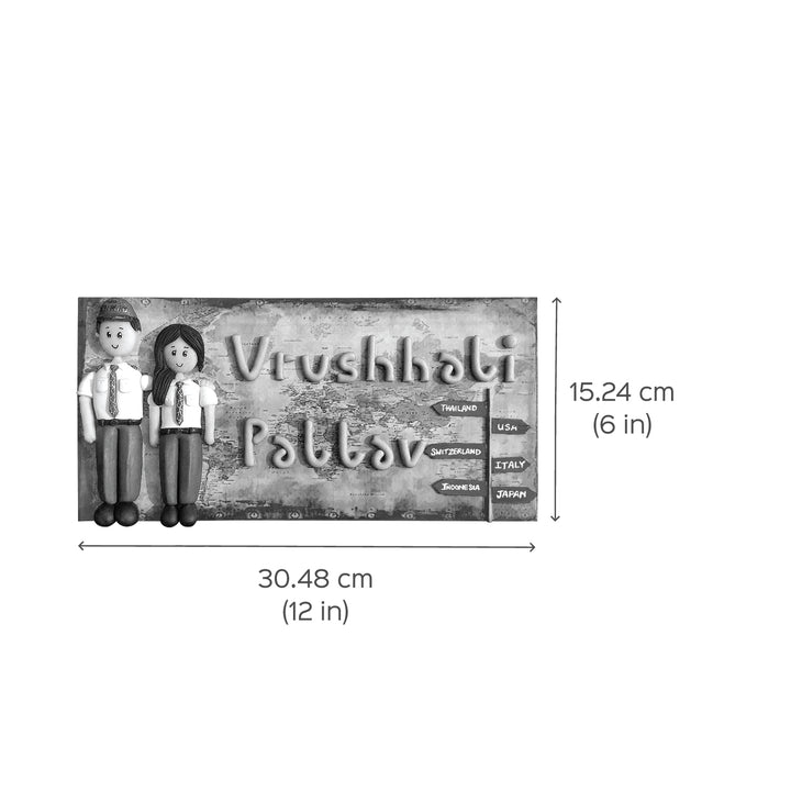 Handcrafted Personalized Clay Caricature Name Plate For Pilot Couples - Dimension Chart with Figurines
