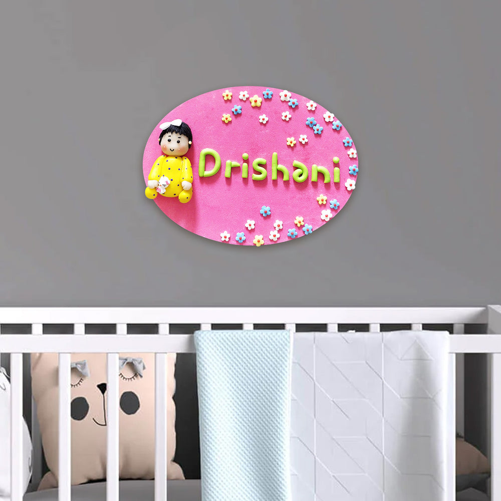 Handcrafted Personalized Clay Caricature Baby Shower Name Plate - Mounted above crib with Decor