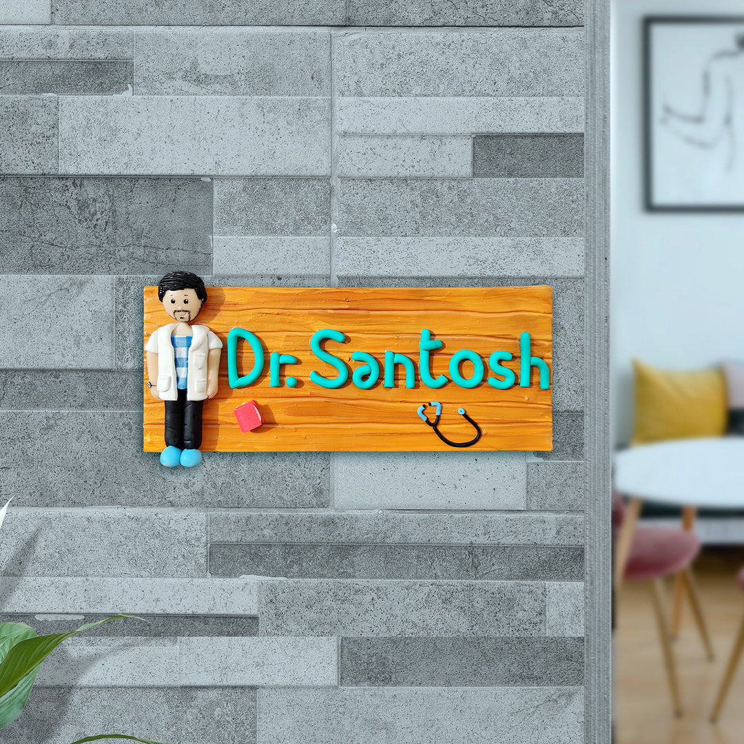 Handcrafted Personalized Clay Caricature Desk Name Plate For Doctors - Mounted on Wall with Figurine