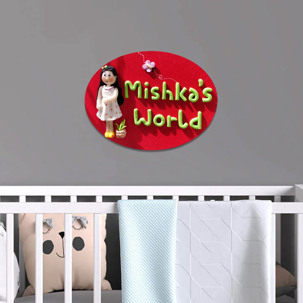 Handcrafted Personalized Clay Caricature Name Plate For Girls - Mounted Above Crib at Child Room