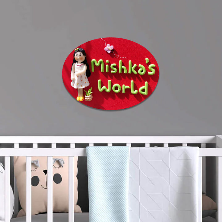 Handcrafted Personalized Clay Caricature Name Plate For Girls - Mounted Above Crib at Child Room